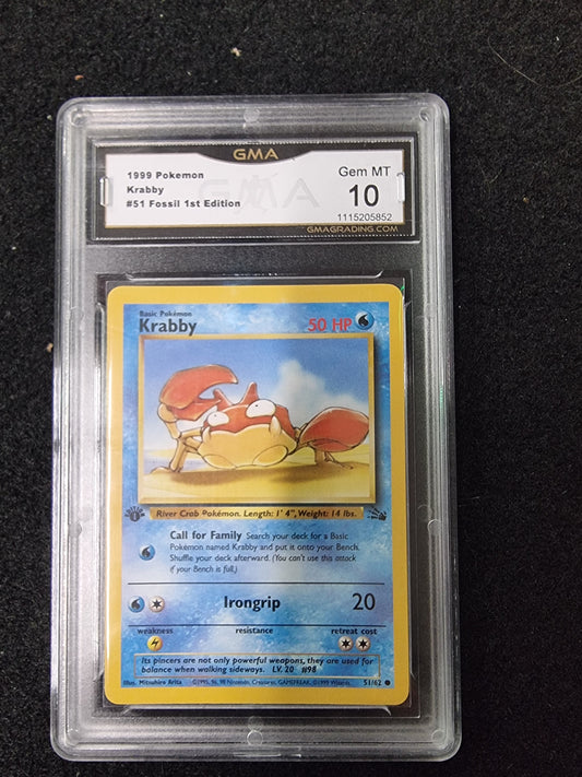 1999 Pokémon Fossil 1st Edition #51 Krabby GMA 10 GEM MT Vintage