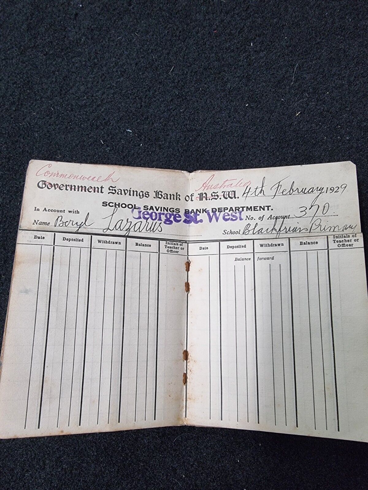 1929 Government Savings Bank  Book Of NSW