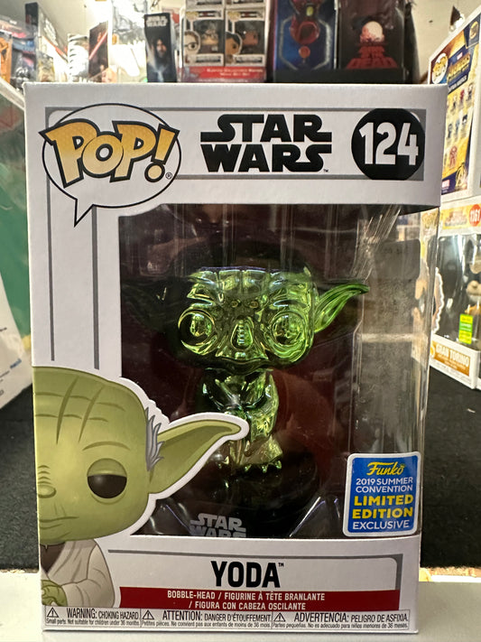 Funko POP Green Chrome YODA Vinyl Figure #124 2019 Summer Convention Limited Ed.