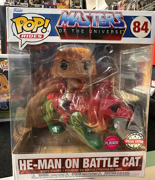 FUNKO POP MASTERS OF THE UNIVERSE HE-MAN ON BATTLE CAT # 84 FLOCKED SPECIAL EDITION