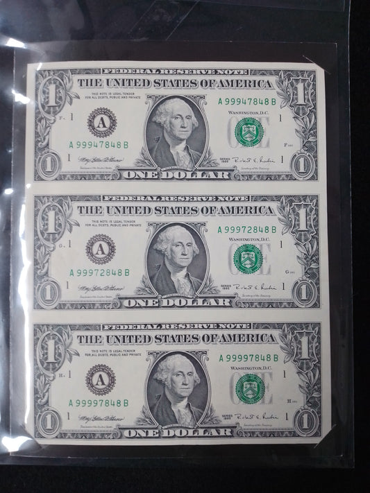 3x American 1 Dollar Notes Uncut - N05365