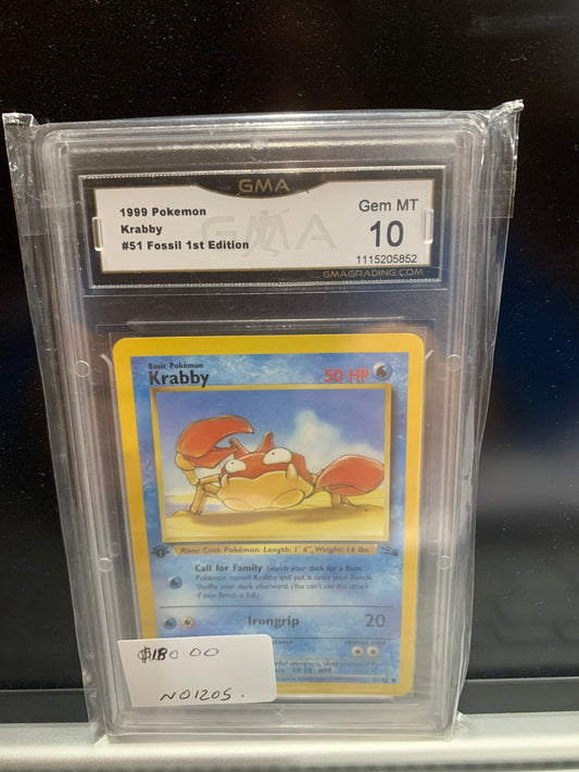 1999 Pokémon graded card 10 krabby number 51 fossil