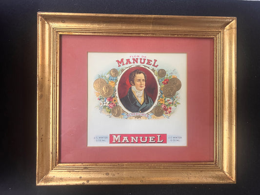 ANTIQUE CIGAR LABEL FLORDE MANUEL FRAMED WITH CERT AUTH 29x35cm